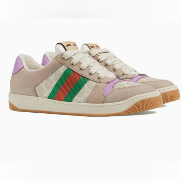 Gucci Screener Leather Sneakers in Beige and Purple